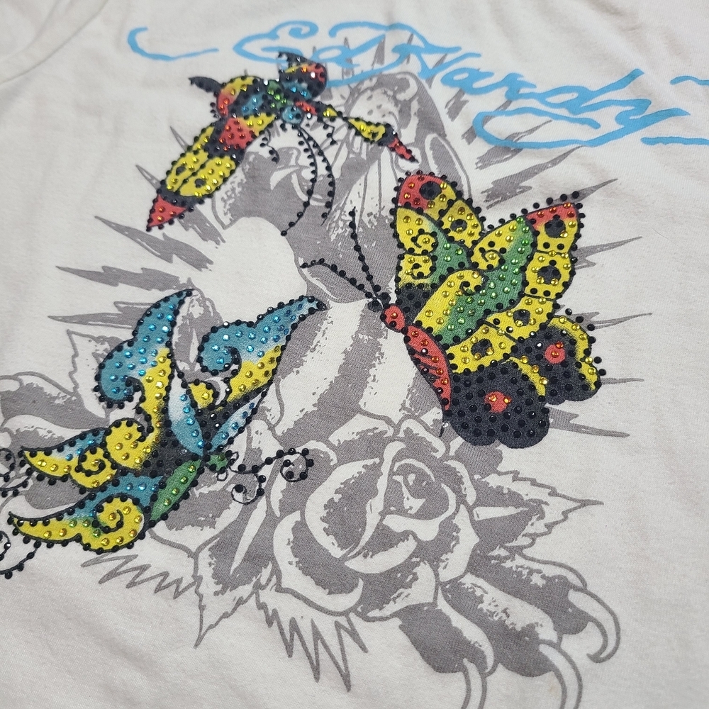 Ed Hardy Kids Rhinestone Butterfly Tattoo Graphic Tee White Size Small - Picture 3 of 8